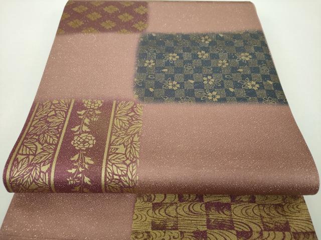平和屋着物●全通柄袋帯　市松花文　金彩　金通し地　正絹　逸品　未使用　DABD1810ps