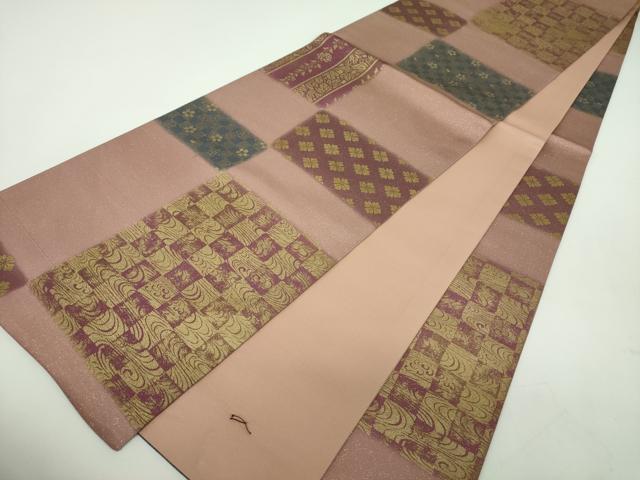 平和屋着物●全通柄袋帯　市松花文　金彩　金通し地　正絹　逸品　未使用　DABD1810ps