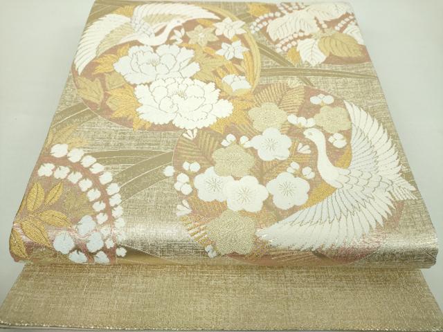 平和屋着物●西陣　織楽浅野謹製　太鼓柄袋帯　唐織　吉祥飛鶴花文　金糸　正絹　逸品　DABD1822ps