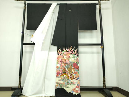 平和屋着物●本加賀友禅作家　百貫華峰　黒留袖　御所車花文　金彩　正絹　逸品　DABD1843ps