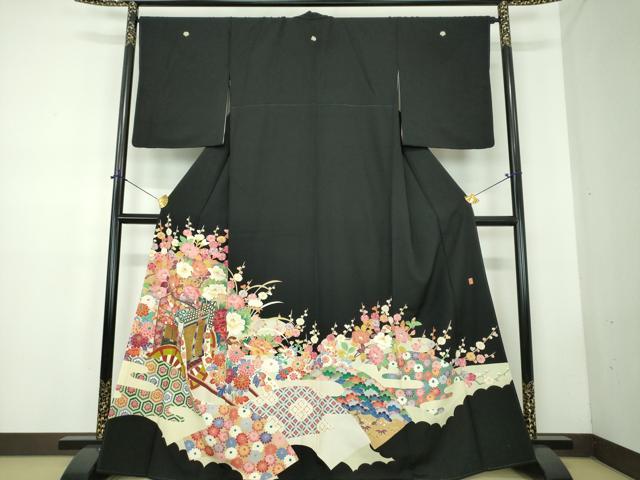 平和屋着物●本加賀友禅作家　百貫華峰　黒留袖　御所車花文　金彩　正絹　逸品　DABD1843ps