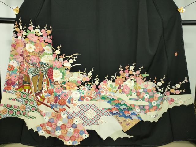 平和屋着物●本加賀友禅作家　百貫華峰　黒留袖　御所車花文　金彩　正絹　逸品　DABD1843ps