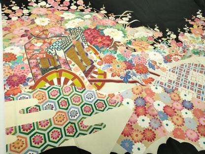 平和屋着物●本加賀友禅作家　百貫華峰　黒留袖　御所車花文　金彩　正絹　逸品　DABD1843ps