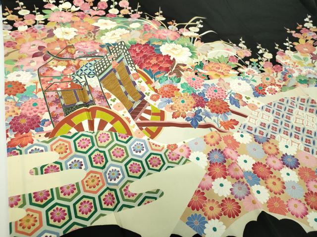平和屋着物●本加賀友禅作家　百貫華峰　黒留袖　御所車花文　金彩　正絹　逸品　DABD1843ps
