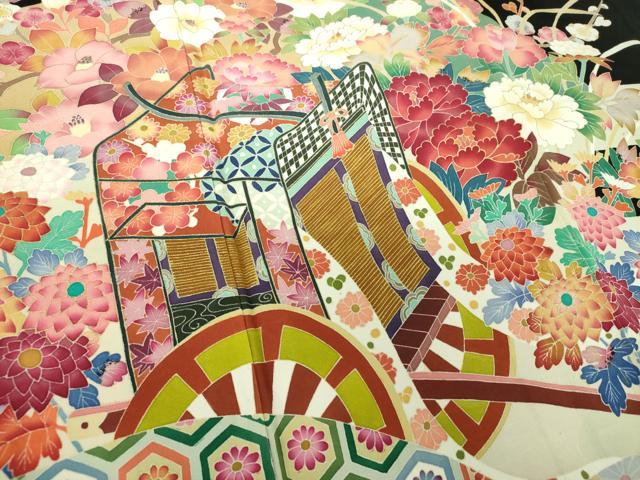 平和屋着物●本加賀友禅作家　百貫華峰　黒留袖　御所車花文　金彩　正絹　逸品　DABD1843ps