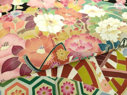 平和屋着物●本加賀友禅作家　百貫華峰　黒留袖　御所車花文　金彩　正絹　逸品　DABD1843ps