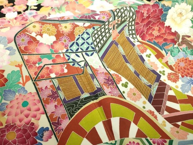 平和屋着物●本加賀友禅作家　百貫華峰　黒留袖　御所車花文　金彩　正絹　逸品　DABD1843ps