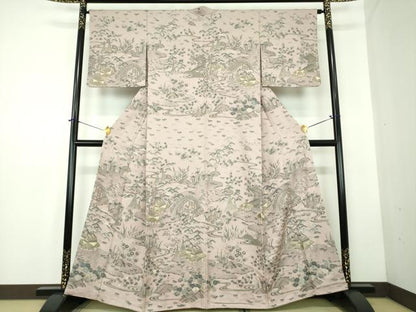 平和屋着物●中国三大刺繍　スワトウ刺繍　汕頭刺繍　総刺繍　訪問着　渡橋風景花文　金糸　ますいわ屋扱い　正絹　逸品　DABD1849ps