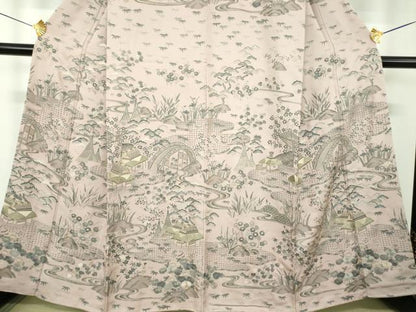 平和屋着物●中国三大刺繍　スワトウ刺繍　汕頭刺繍　総刺繍　訪問着　渡橋風景花文　金糸　ますいわ屋扱い　正絹　逸品　DABD1849ps
