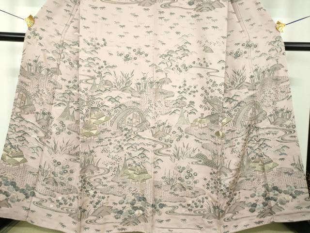 平和屋着物●中国三大刺繍　スワトウ刺繍　汕頭刺繍　総刺繍　訪問着　渡橋風景花文　金糸　ますいわ屋扱い　正絹　逸品　DABD1849ps