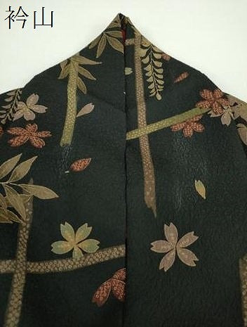 平和屋着物●小紋　舞桜　藤花房　黒地　洗える着物　DABD1858ps