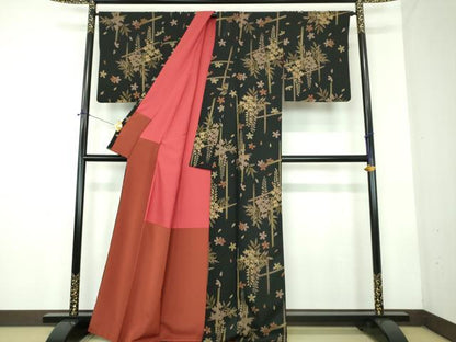 平和屋着物●小紋　舞桜　藤花房　黒地　洗える着物　DABD1858ps