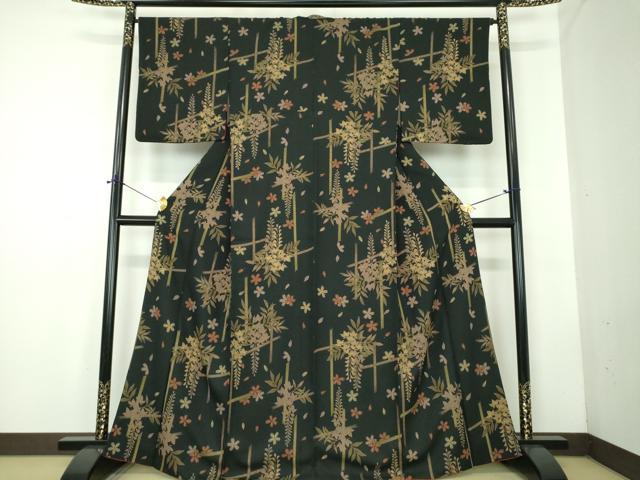 平和屋着物●小紋　舞桜　藤花房　黒地　洗える着物　DABD1858ps