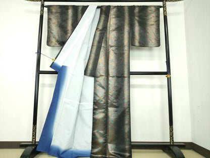 平和屋着物●小紋　舞台衣装　霞間道　黒地　金彩　洗える着物　未使用　DABD1860ps