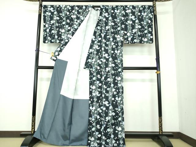 平和屋着物●小紋　花唐草文　黒地　やまと誂製　洗える着物　DABD1861ps