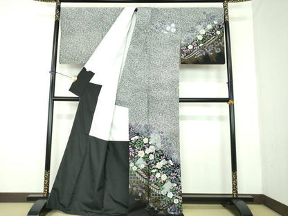 平和屋着物●訪問着　辻が花　たたき染め　黒地　金彩　洗える着物　DABD1862ps