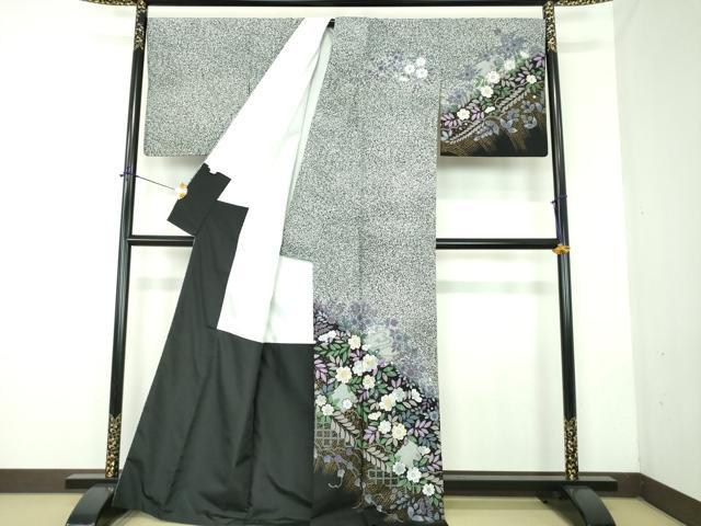 平和屋着物●訪問着　辻が花　たたき染め　黒地　金彩　洗える着物　DABD1862ps