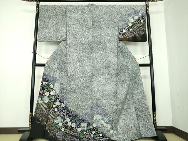 平和屋着物●訪問着　辻が花　たたき染め　黒地　金彩　洗える着物　DABD1862ps