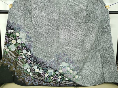 平和屋着物●訪問着　辻が花　たたき染め　黒地　金彩　洗える着物　DABD1862ps