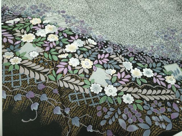 平和屋着物●訪問着　辻が花　たたき染め　黒地　金彩　洗える着物　DABD1862ps