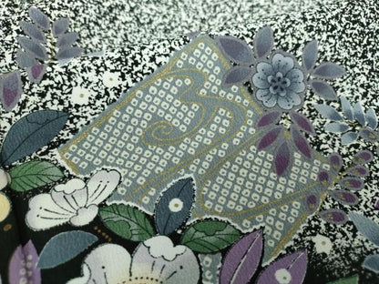 平和屋着物●訪問着　辻が花　たたき染め　黒地　金彩　洗える着物　DABD1862ps