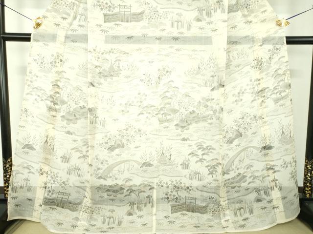 平和屋着物＊夏物　紗紬　ちぢみ織　風景花文　正絹　逸品　AABF1612jd 平和屋着物＊夏物 紗紬 ちぢみ織 風景花文 正絹 逸品 AABF1612jd