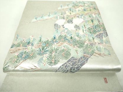 平和屋本店●西陣 長嶋成織物 ながしま帯 本加賀友禅作家 東藤岳 太鼓柄袋帯 松鶴 瀞銀錦 色紙・証紙・共箱付き 正絹 逸品 DABD1879ps