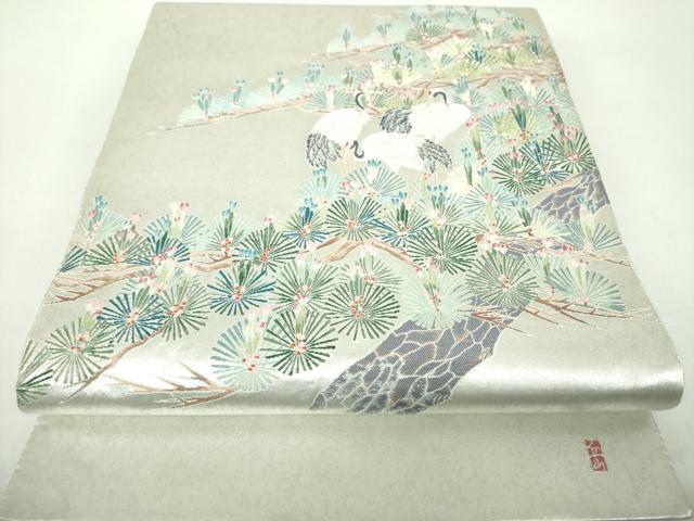 平和屋本店●西陣 長嶋成織物 ながしま帯 本加賀友禅作家 東藤岳 太鼓柄袋帯 松鶴 瀞銀錦 色紙・証紙・共箱付き 正絹 逸品 DABD1879ps