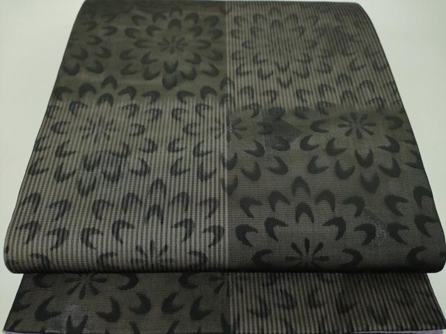 平和屋着物●両面　全通柄袋帯　市松花文　黒地　銀糸　正絹　逸品　DABD1887ps