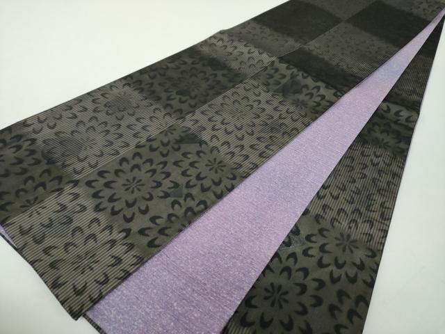平和屋着物●両面　全通柄袋帯　市松花文　黒地　銀糸　正絹　逸品　DABD1887ps