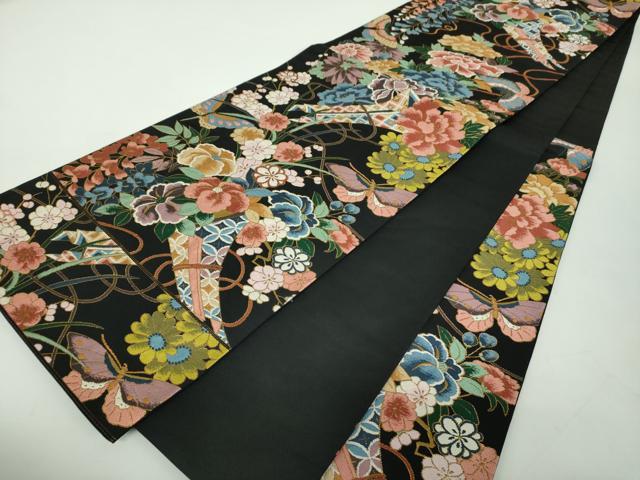 平和屋着物●西陣　白綾苑大庭　六通柄袋帯　舞蝶花束文　黒地　金糸　正絹　逸品　DABD1901ps