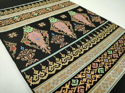 平和屋着物●龍村美術織物　龍織　六通柄　本袋帯　横段花菱文　黒地　金銀糸　正絹　逸品　DABD1915ps
