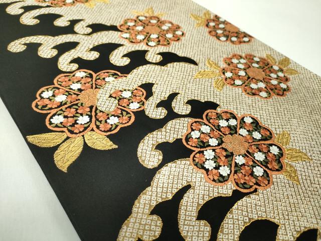 平和屋着物●西陣　河合美術織物謹製　六通柄袋帯　唐織　立波花文　黒地　金糸　正絹　逸品　DABD1928ps