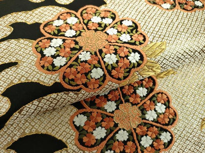 平和屋着物●西陣　河合美術織物謹製　六通柄袋帯　唐織　立波花文　黒地　金糸　正絹　逸品　DABD1928ps