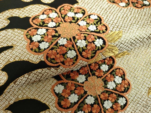平和屋着物●西陣　河合美術織物謹製　六通柄袋帯　唐織　立波花文　黒地　金糸　正絹　逸品　DABD1928ps
