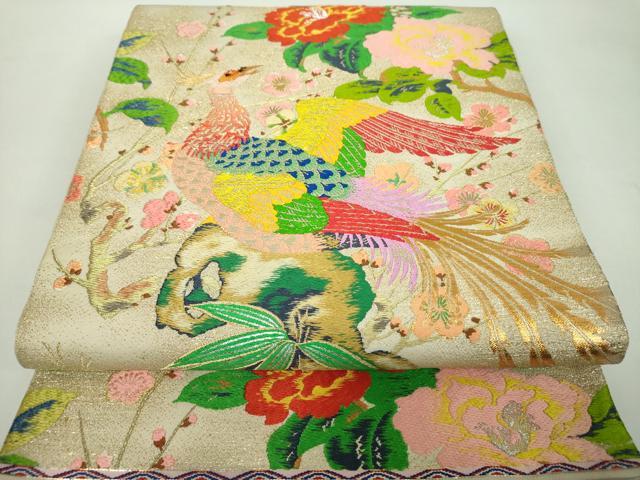 平和屋着物●龍村平蔵製　六通柄　本袋帯　雉鳳凰花文　金銀糸　正絹　逸品　DABD1929ps 平和屋着物○龍村平蔵製 六通柄 本袋帯 雉鳳凰花文