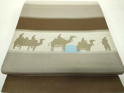 平和屋着物●両面　六通柄袋帯　シルクロード　鳥獣戯画　金糸　正絹　逸品　DABD1932ps
