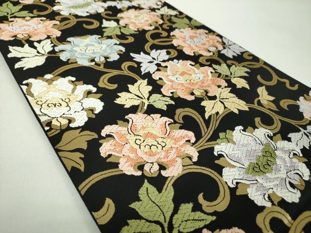 平和屋着物●西陣　服部織物謹製　六通柄袋帯　唐織　牡丹唐草　黒地　金糸　正絹　逸品　DABD1946ps