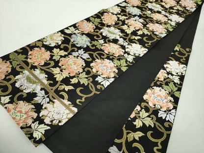 平和屋着物●西陣　服部織物謹製　六通柄袋帯　唐織　牡丹唐草　黒地　金糸　正絹　逸品　DABD1946ps