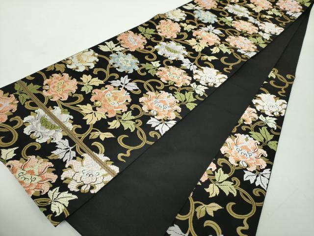 平和屋着物●西陣　服部織物謹製　六通柄袋帯　唐織　牡丹唐草　黒地　金糸　正絹　逸品　DABD1946ps