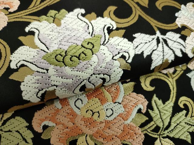 平和屋着物●西陣　服部織物謹製　六通柄袋帯　唐織　牡丹唐草　黒地　金糸　正絹　逸品　DABD1946ps