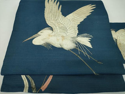 平和屋着物＊夏物 アンティーク 大正ロマン 九寸名古屋帯 駒刺繍 総手刺繍 白鷺 金銀糸 正絹 逸品 DABD1952ps