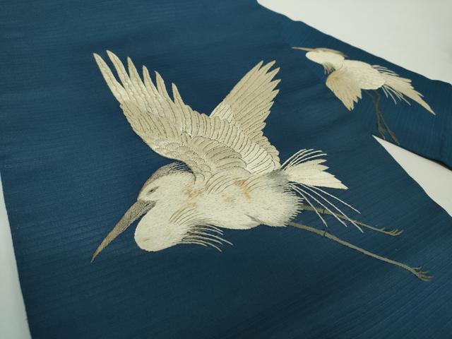 平和屋着物＊夏物 アンティーク 大正ロマン 九寸名古屋帯 駒刺繍 総手刺繍 白鷺 金銀糸 正絹 逸品 DABD1952ps
