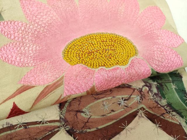 平和屋着物●アンティーク　大正ロマン　中国三大刺繍　相良刺繍　九寸名古屋帯　作家物　手刺繍　サボテンの花　正絹　逸品　DABD1955ps 平和屋着物○アンティーク 大正ロマン 中国三大刺繍 相良刺繍 九寸名古屋