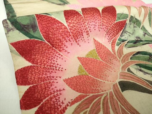 平和屋着物●アンティーク　大正ロマン　中国三大刺繍　相良刺繍　九寸名古屋帯　作家物　手刺繍　サボテンの花　正絹　逸品　DABD1955ps 平和屋着物○アンティーク 大正ロマン 中国三大刺繍 相良刺繍 九寸名古屋
