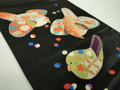平和屋着物●アンティーク　大正ロマン　九寸名古屋帯　駒刺繍　総刺繍　鳥花文　黒地　金銀糸　正絹　逸品　DABD1957ps