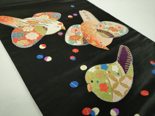 平和屋着物●アンティーク　大正ロマン　九寸名古屋帯　駒刺繍　総刺繍　鳥花文　黒地　金銀糸　正絹　逸品　DABD1957ps