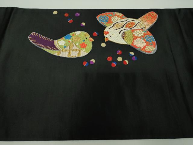 平和屋着物●アンティーク　大正ロマン　九寸名古屋帯　駒刺繍　総刺繍　鳥花文　黒地　金銀糸　正絹　逸品　DABD1957ps