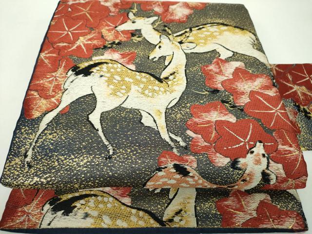 平和屋着物●アンティーク　大正ロマン　九寸名古屋帯　唐織　楓鹿文　金糸　正絹　逸品　DABD1958ps