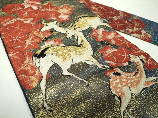 平和屋着物●アンティーク　大正ロマン　九寸名古屋帯　唐織　楓鹿文　金糸　正絹　逸品　DABD1958ps